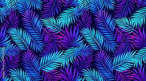 Vibrant neon tropical palm leaves seamless pattern on dark background for modern design and summer concepts
