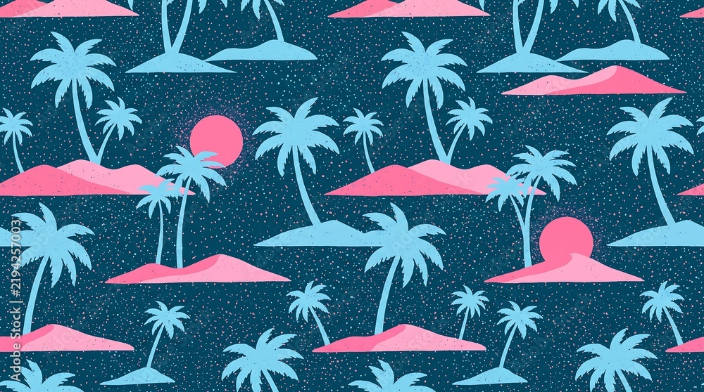 Tropical seamless pattern with palm trees islands and sunset featuring a retro 1980s vaporwave aesthetic