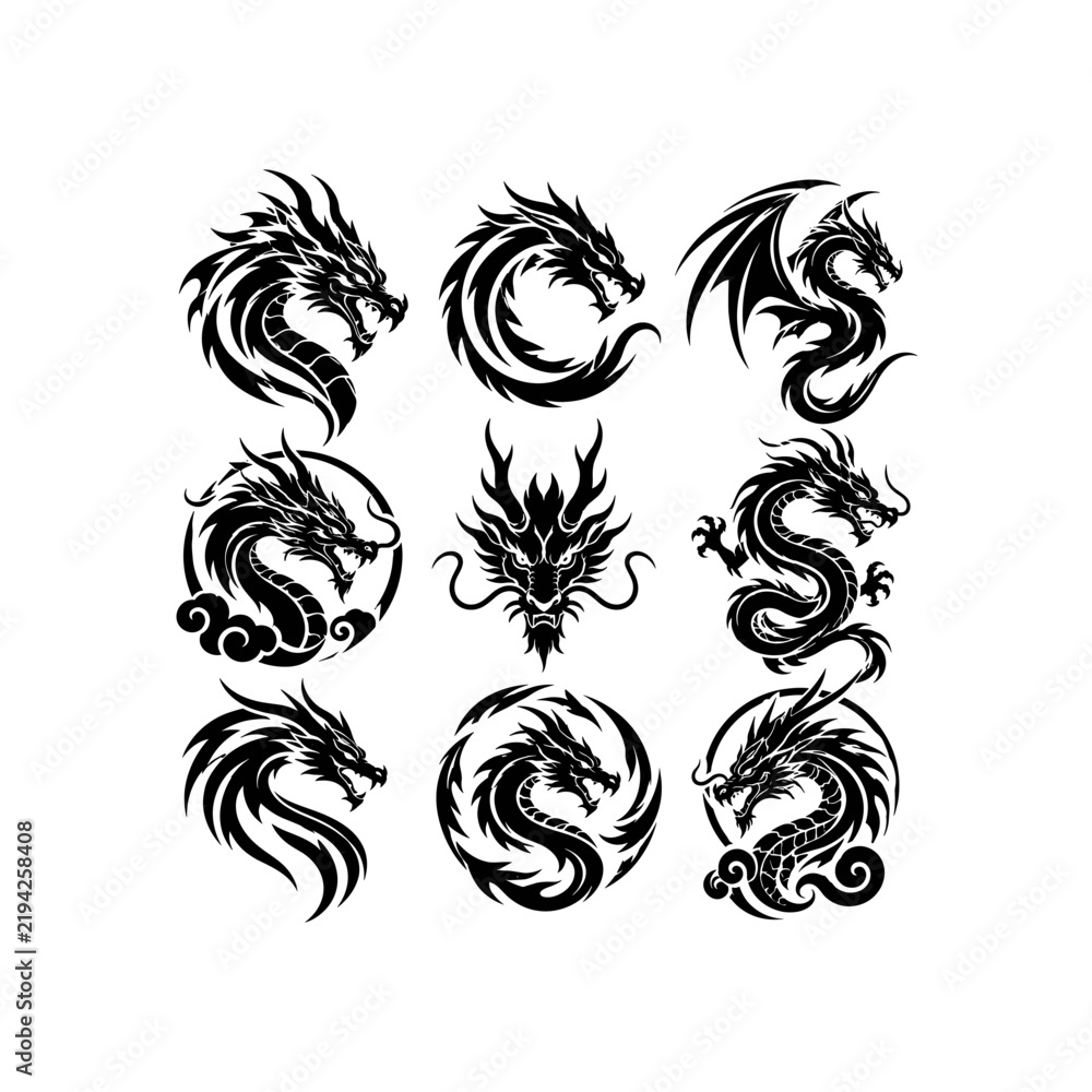 Fototapeta premium Black dragon tattoo and emblem vector designs