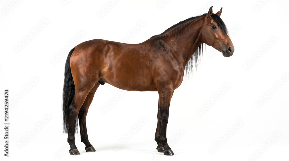 Obraz premium Realistic adult horse standing naturally in full body side profile, showing its muscular body, long legs, flowing mane and tail, with anatomically accurate proportions, isolated on white.