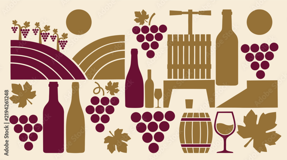 Obraz premium Wineyard and winery vector illustration set featuring wine bottles, glasses, grapes, barrels, and vineyard landscape in silhouette style