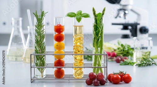 Laboratory Test Tubes Displaying Fresh Herbs and Vegetables