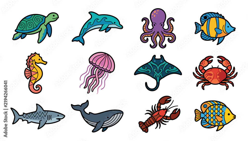 Obraz premium Marine Life Icons Set with Stylized Ocean Creatures and Underwater Animals