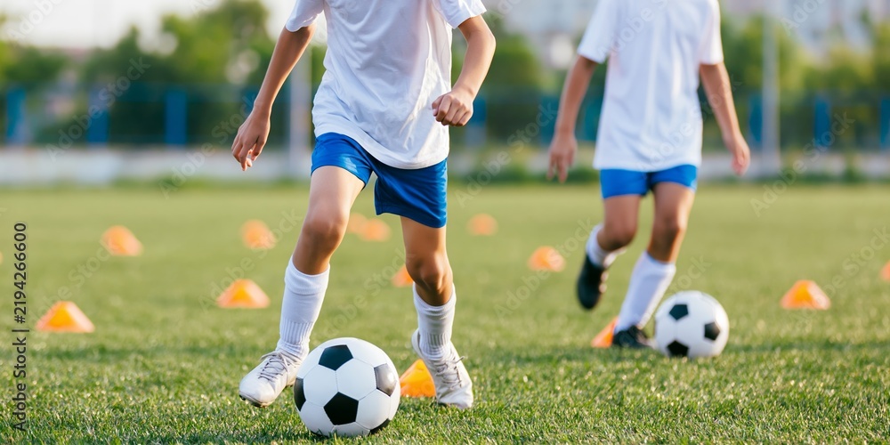 Obraz premium Young boys in uniforms actively participating in soccer practice, focusing on ball handling drills with training cones on a green pitch