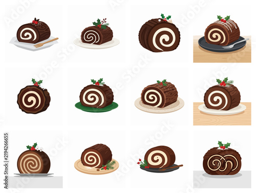 Christmas Yule Log Cake Collection Bûche De Noël Vector Illustrations
