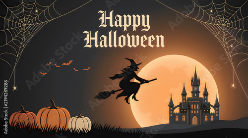 Happy Halloween greeting card with spooky witch silhouette flying on broomstick against a large full moon. Gothic haunted castle and orange pumpkins on dark grass under spider webs. Atmospheric