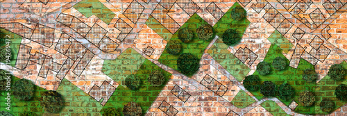 URBAN PLANNING MAP WITH CITY LAYOUT AND GREEN AREAS - Concept of architecture, urban development, real estate, city construction and land design with cadastral map