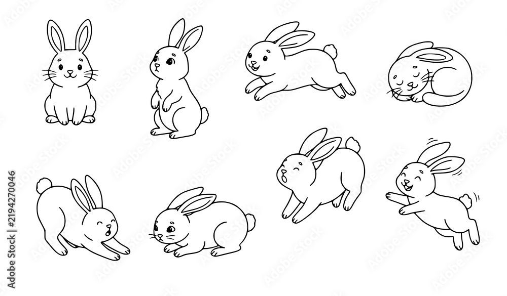 Obraz premium Cute Bunny Rabbit Different Poses Black Thin Line Art Vector Set