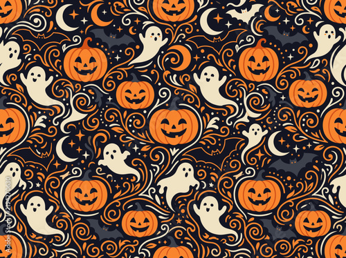 Spooky Halloween seamless pattern with pumpkins
