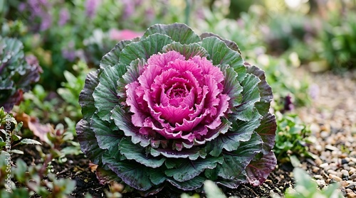 Vibrant Ornamental Cabbage Plant Growing in a Garden Bed with Purple and Green Ruffled Foliage