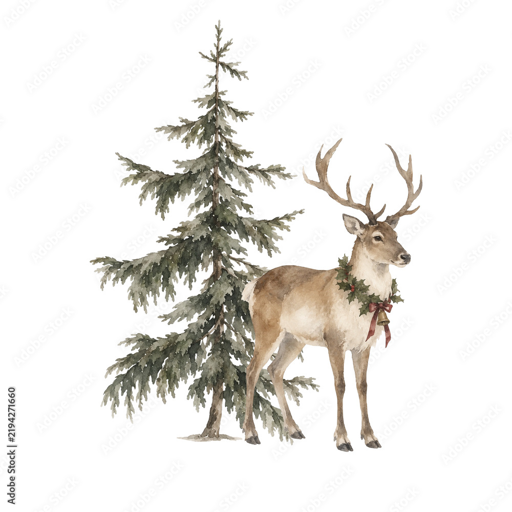 Fototapeta premium Christmas reindeer fir tree watercolor illustration with festive deer wearing holly, red ribbon and golden bell beside a natural evergreen tree, isolated PNG