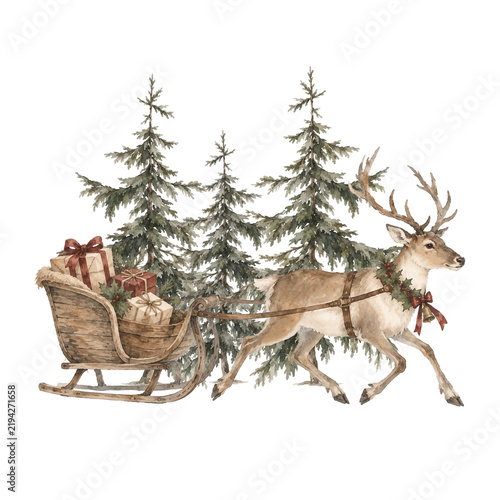 Quadro su tela Christmas reindeer sleigh winter forest watercolor illustration with festive deer pulling a wooden sled full of wrapped gifts among evergreen fir trees, isolated on white background