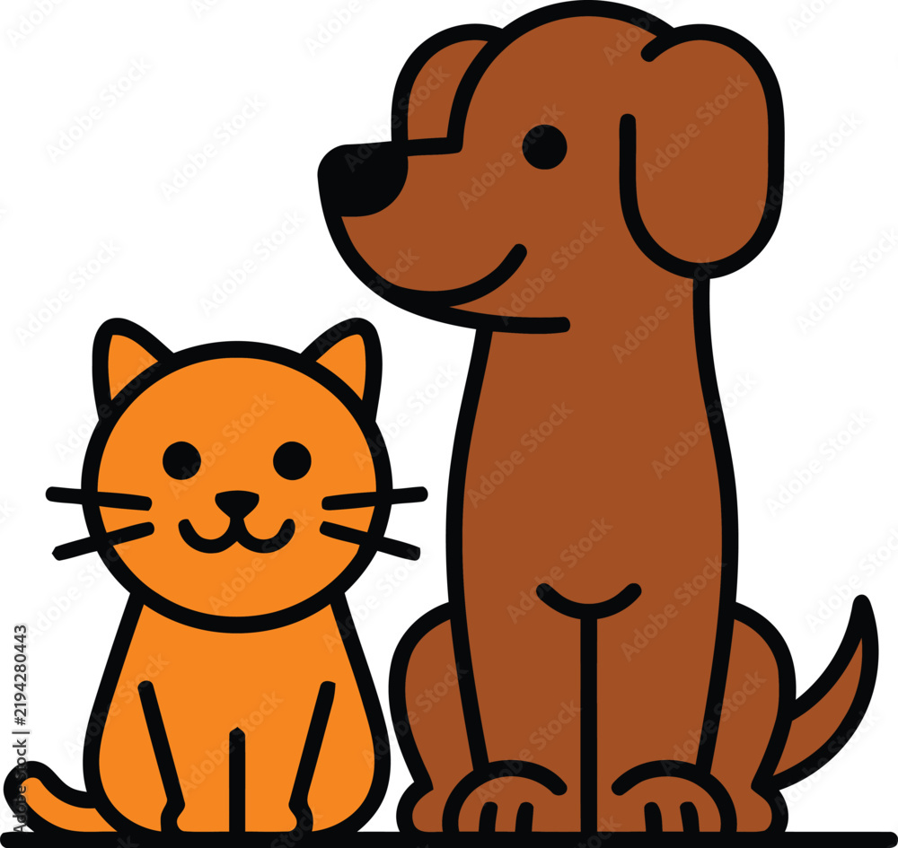 Fototapeta premium A simple and friendly cartoon icon showing a cute brown dog and an orange cat sitting side by side. Perfect for pet care, clinic, and animal themes.