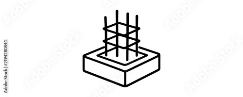 Minimalist black and white line art icon of a concrete building foundation with steel reinforcement bars.