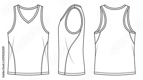 Men's Athletic Tank Top Technical Flat Sketch, Front Side and Back View, Sleeveless Training Vest Vector Template