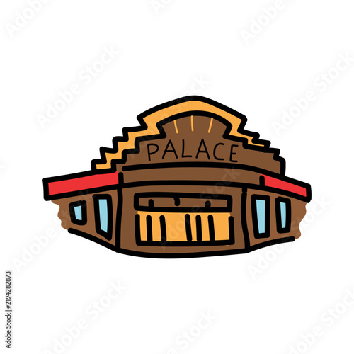 Hand drawn line art illustration of a vintage theater building with a marquee sign on a white background.
