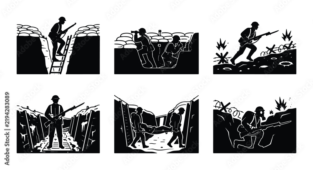 Fototapeta premium World War 1 Trench Warfare Silhouettes, Soldiers in Combat, Military History Vector Set, Dramatic Black and White Illustrations