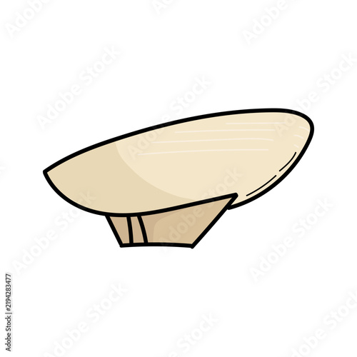Hand drawn line art illustration of a wooden canoe boat on a white background.