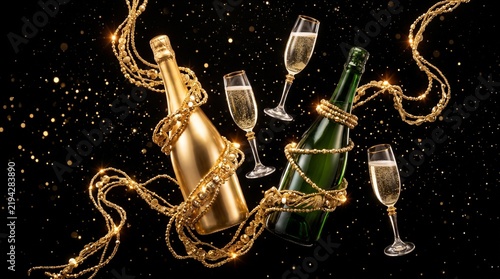 Elegant Champagne Bottles and Flutes Wrapped in Golden Decorative Chain