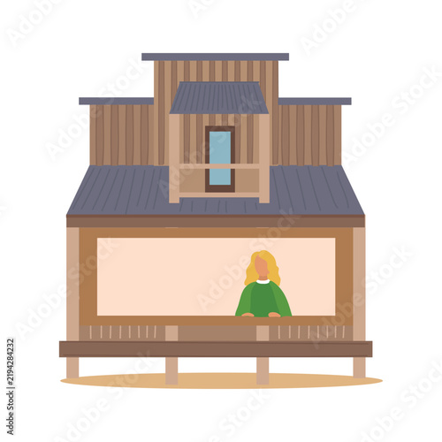 Hand drawn flat vector illustration of a roadside bakery counter with a vendor on a white background.