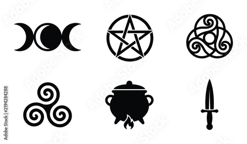 Mystical Symbols Set: Triple Moon, Pentagram, Triskele, Cauldron, Athame, Celtic Knot Vector Icons
