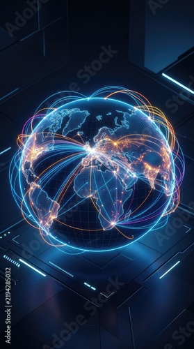 A futuristic background featuring a dynamic global data network with flowing light trails connecting glowing nodes over a stylized digital world map, communication, network, cyber