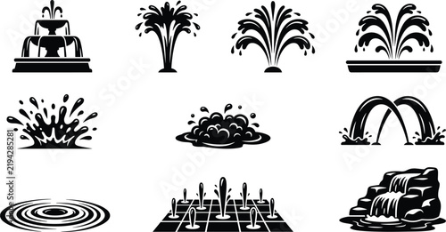 Water fountain silhouette collection, decorative splash and cascade water feature icons set, vector illustration bundle design graphics