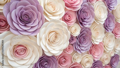 Handmade paper flowers in shades of pink and purple arranged as a wall backdrop