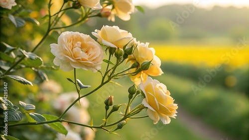 Close up of blooming yellow roses on a bush in a sunlit garden with soft bokeh