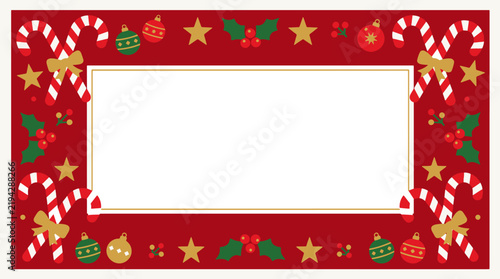 Red christmas photo frame border decorated with candy canes and winter foliage.