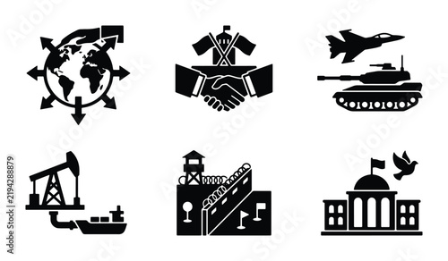 Canvastavla Global Diplomacy, Military Power, and Economic Resources: Vector Icons for Inter