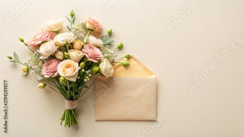 A Delicate Bouquet of Pastel Roses and Baby's Breath with a Pale Envelope