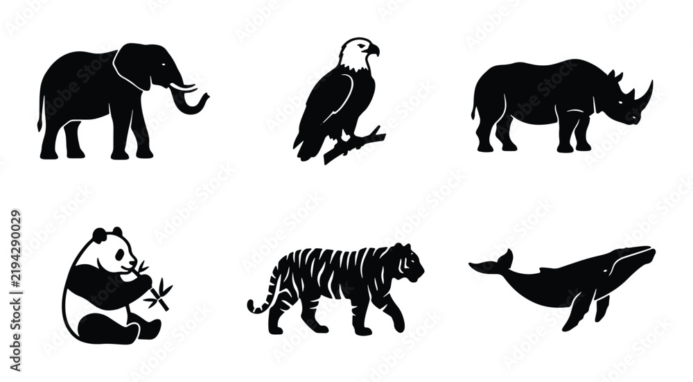 Fototapeta premium Set of Six Silhouette Wildlife Animals, Vector Icons: Elephant, Eagle, Rhino, Panda, Tiger, Whale