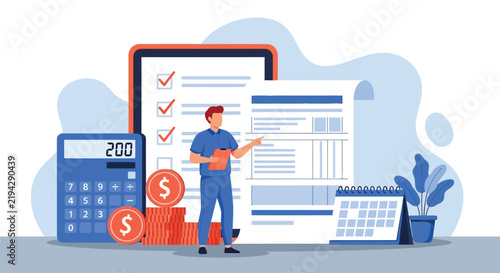 Bild auf Leinwand Professional accountant or financial advisor presenting tax calculation using calculator and calendar report for annual business income assessment analysis
