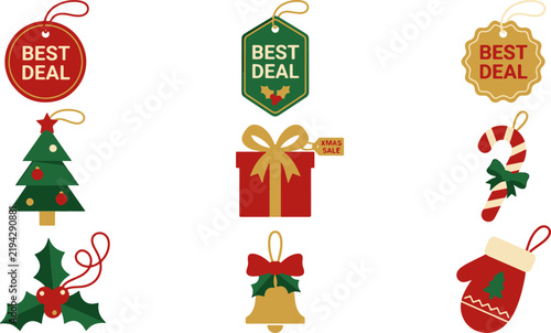 Christmas holiday best deal tags and festive winter ornaments vector collection.