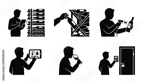 Wine Cellar Management Icons: Inventory, Tasting, Security, Smart Home Integration, 6 Vector Graphics