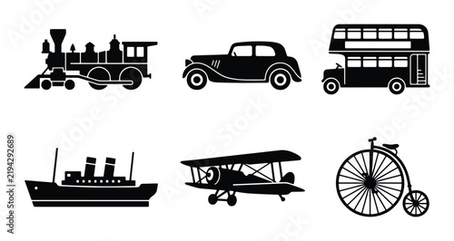Фотография Vintage Transportation Icons: Steam Train, Classic Car, Double Decker Bus, Steam