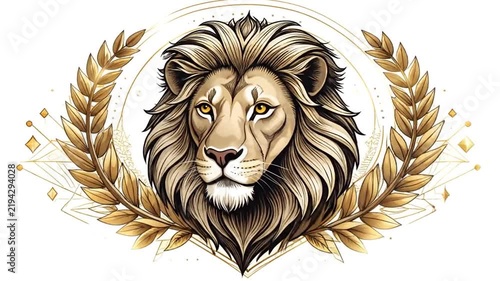 Majestic lion head with gold geometric star accents.