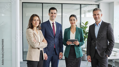 Group of four business colleagues posing for a portrait in a bright office with glass partitions and a green plant in the background