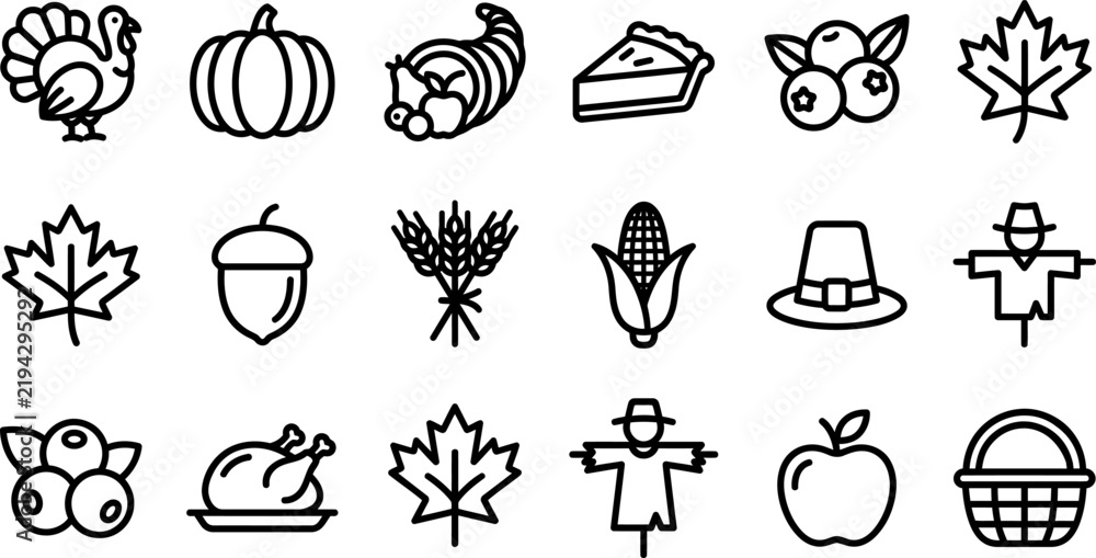 Fototapeta premium Set of hand drawn thanksgiving icons featuring turkey pumpkin cornucopia pie leaves acorn and autumn harvest elements