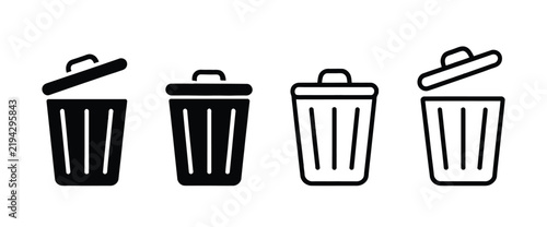 Trash bin vector icon featuring black waste container symbols for delete, disposal, recycling, garbage, and cleanup concepts