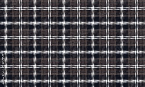 Seamless plaid pattern in navy, brown, and white ideal for textiles and fashion design, including shirts, dresses, skirts, and trousers adding a touch of contemporary elegance to any style.