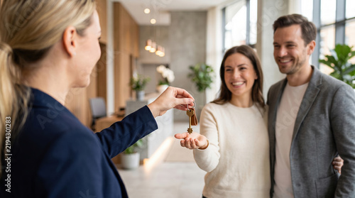 Real estate agent handing over new home keys to smiling couple, celebrating successful property investment, homeownership, and moving into modern apartment
