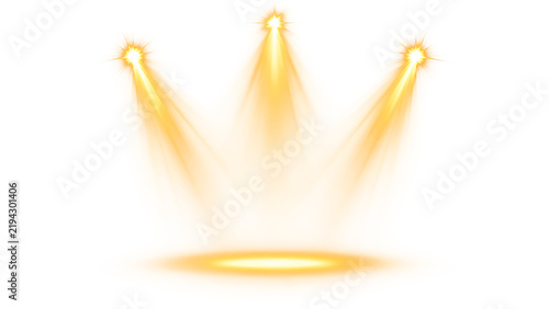 Three golden spotlights shining down on a stage. Bright yellow stage lighting effect isolated on transparent background