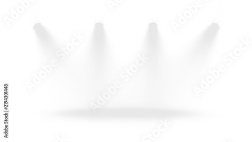Four white spotlights shining down on a transparent background. Stage lighting effect for events and presentations