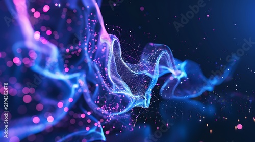 Abstract representation of NLP technology, glowing typographic letter particles flowing into an intricate neural mesh, deep indigo background, modern digital illustration.