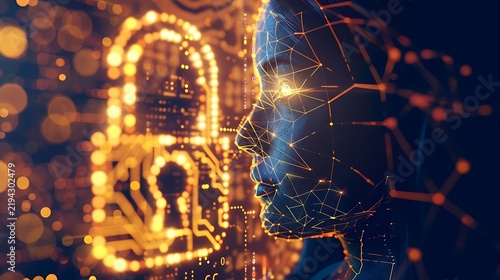 Abstract human profile silhouette made of glowing circuit board traces, protected by a surrounding golden padlock icon, personal data privacy theme.
