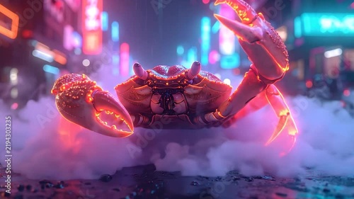 Glowing red robotic crab on neon city street.