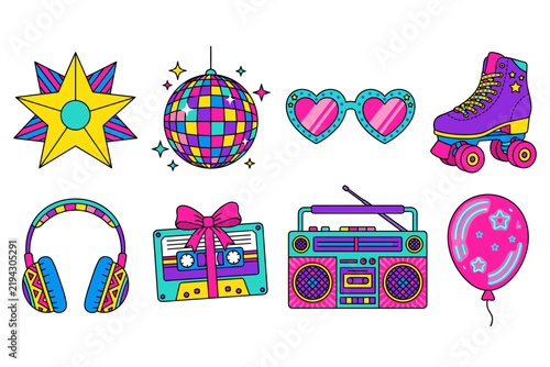Vibrant collection of retro 80s and 90s pop culture party icons and entertainment items