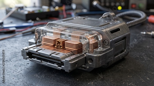 Futuristic electronic hardware component with copper heat sink, industrial sci-fi prototype on workbench, advanced computer processor cooling module